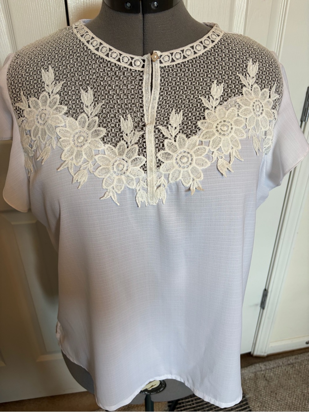Women's Lace Yoke Short Sleeve Blouse in White color